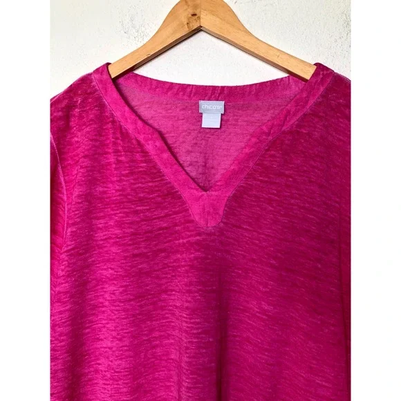 Chicos Pink 100% Linen V-Neck Long Sleeve Tunic Top Slub Knit Tee 3 XL Beach - Picture 11 of 15
